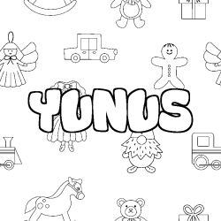Coloriage prénom YUNUS - décor Jouets