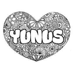 Coloriage pr&eacute;nom YUNUS - d&eacute;cor Mandala coeur