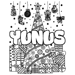 Coloriage prénom YUNUS - décor Sapin et Cadeaux