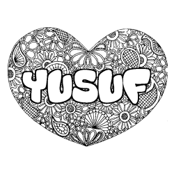 Coloriage pr&eacute;nom YUSUF - d&eacute;cor Mandala coeur