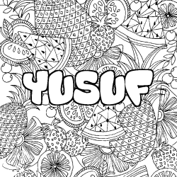 Coloriage pr&eacute;nom YUSUF - d&eacute;cor Mandala fruits