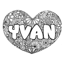 Coloriage prénom YVAN - décor Mandala coeur