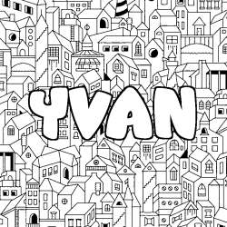 Coloriage prénom YVAN - décor Ville