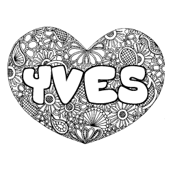 Coloriage pr&eacute;nom YVES - d&eacute;cor Mandala coeur