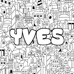 Coloriage pr&eacute;nom YVES - d&eacute;cor Ville