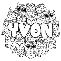 Coloriage pr&eacute;nom YVON - d&eacute;cor Chouettes
