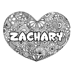 Coloriage pr&eacute;nom ZACHARY - d&eacute;cor Mandala coeur