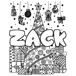 Coloriage prénom ZACK - décor Sapin et Cadeaux