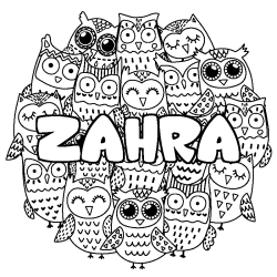 Coloriage prénom ZAHRA - décor Chouettes