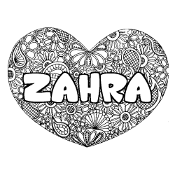 Coloriage pr&eacute;nom ZAHRA - d&eacute;cor Mandala coeur