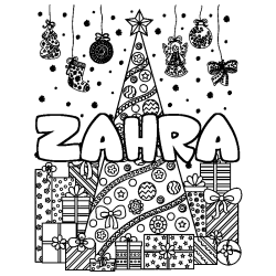 Coloriage prénom ZAHRA - décor Sapin et Cadeaux