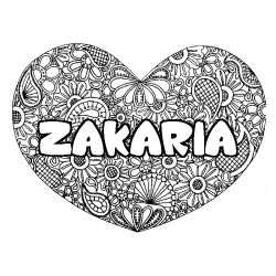 Coloriage pr&eacute;nom ZAKARIA - d&eacute;cor Mandala coeur