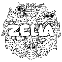 Coloriage pr&eacute;nom ZELIA - d&eacute;cor Chouettes