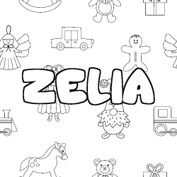 Coloriage prénom ZELIA - décor Jouets