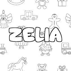 Coloriage pr&eacute;nom ZELIA - d&eacute;cor Jouets