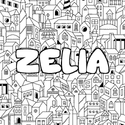 Coloriage pr&eacute;nom ZELIA - d&eacute;cor Ville