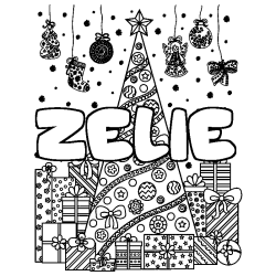 Coloriage pr&eacute;nom ZELIE - d&eacute;cor Sapin et Cadeaux