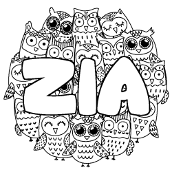 Coloriage pr&eacute;nom ZIA - d&eacute;cor Chouettes