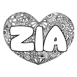 Coloriage prénom ZIA - décor Mandala coeur