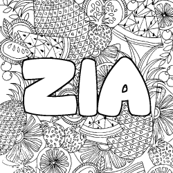 Coloriage pr&eacute;nom ZIA - d&eacute;cor Mandala fruits