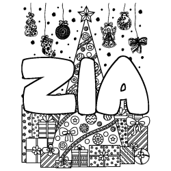 Coloriage prénom ZIA - décor Sapin et Cadeaux