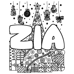 Coloriage pr&eacute;nom ZIA - d&eacute;cor Sapin et Cadeaux