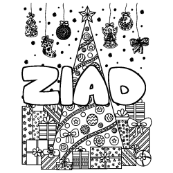 Coloriage pr&eacute;nom ZIAD - d&eacute;cor Sapin et Cadeaux