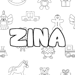 Coloriage pr&eacute;nom ZINA - d&eacute;cor Jouets