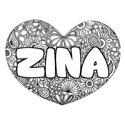 Coloriage pr&eacute;nom ZINA - d&eacute;cor Mandala coeur