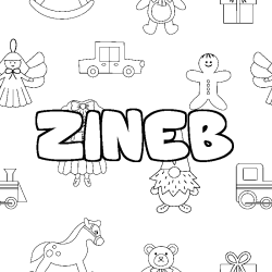 Coloriage pr&eacute;nom ZINEB - d&eacute;cor Jouets