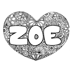 Coloriage prénom ZOE - décor Mandala coeur