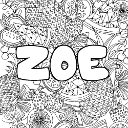 Coloriage prénom ZOE - décor Mandala fruits