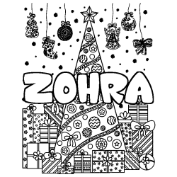 Coloriage pr&eacute;nom ZOHRA - d&eacute;cor Sapin et Cadeaux