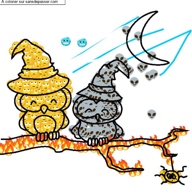 Coloriage Chouettes avec des chapeaux de sorci&egrave;res par un invit&eacute;