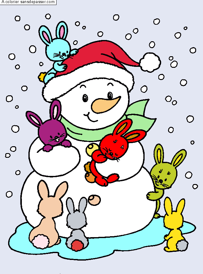Coloriage Petit Bonhomme de neige et les lapins
