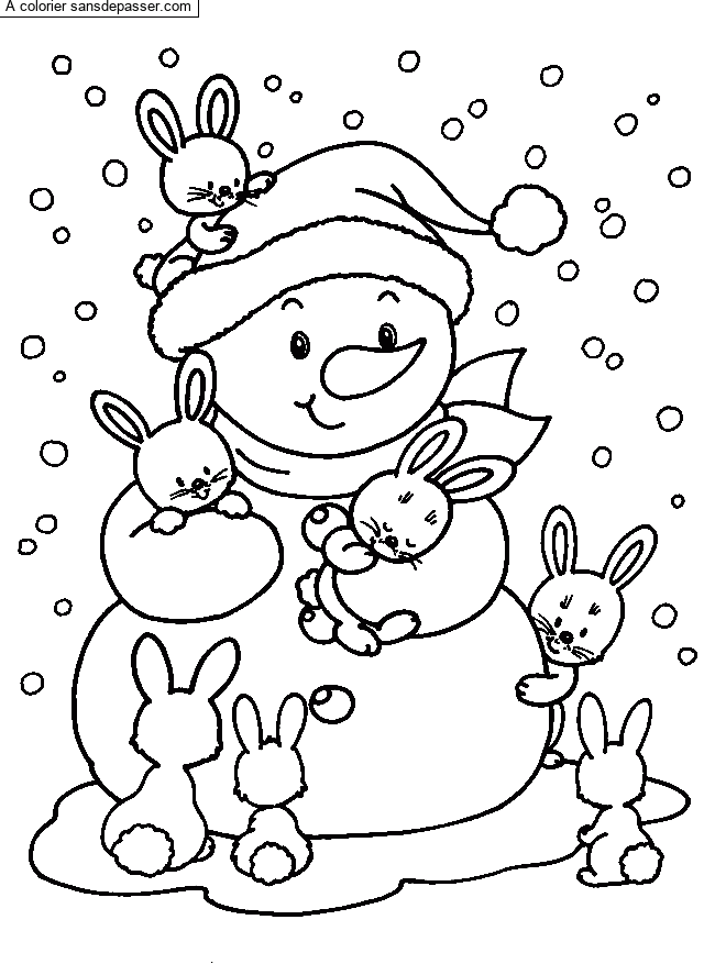 Coloriage Petit Bonhomme de neige et les lapins