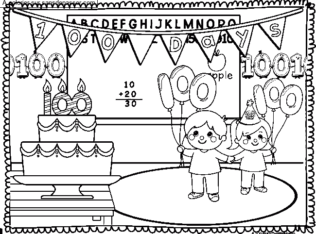 Coloriage La fête des 100 jours d'école par un invité