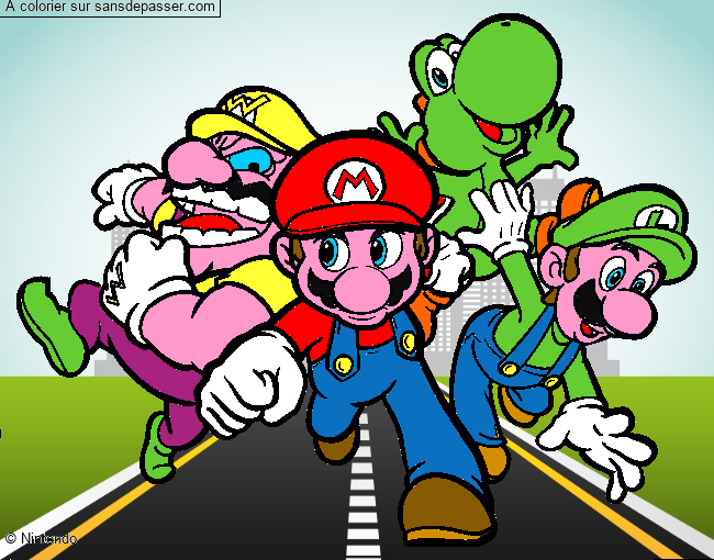 Coloriage Mario, Luigi, Yoshi et Wario par un invité