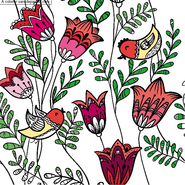 Coloriage Fleurs et Oiseaux par un invité