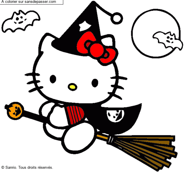 Coloriage Hello Kitty f&ecirc;te Halloween par un invit&eacute;