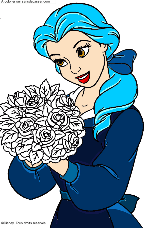 Coloriage Belle et son bouquet de roses par un invit&eacute;