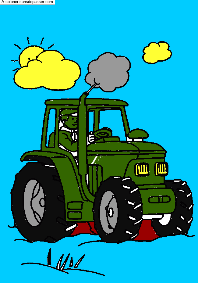 Coloriage Tracteur dans les champs par un invité