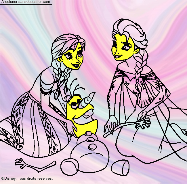Coloriage Anna, Elsa et Olaf par tartine