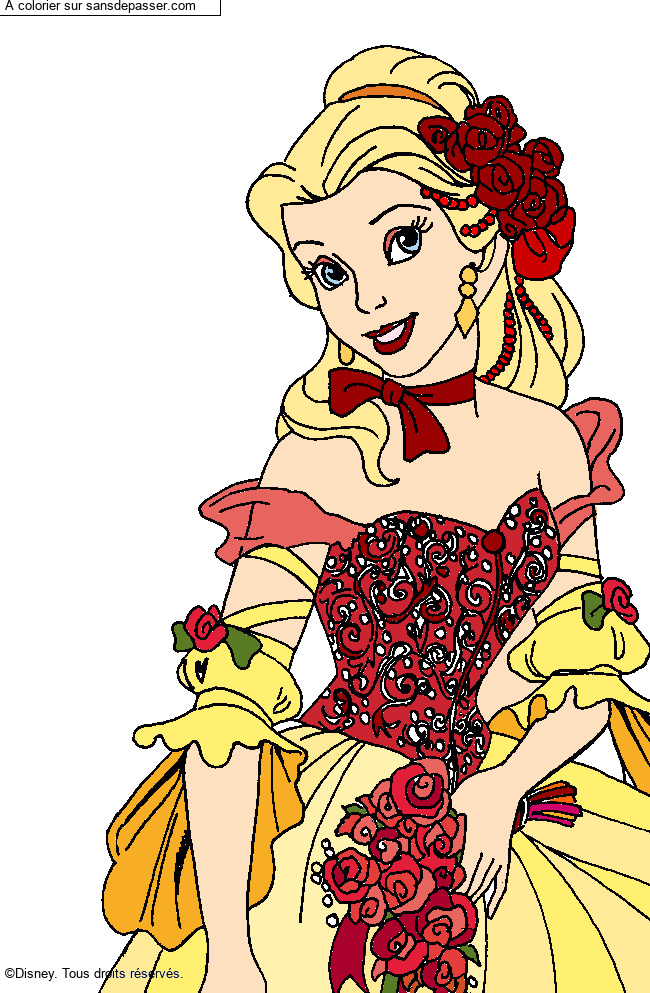 Coloriage Belle dans sa robe &agrave; fleurs par un invit&eacute;
