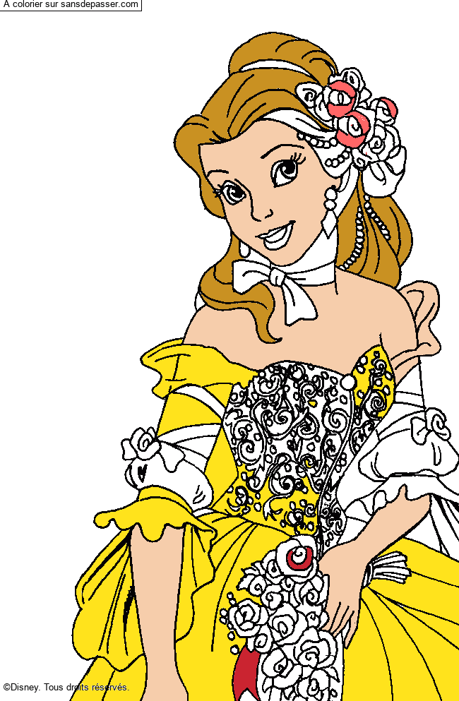 Coloriage Belle dans sa robe &agrave; fleurs par un invité