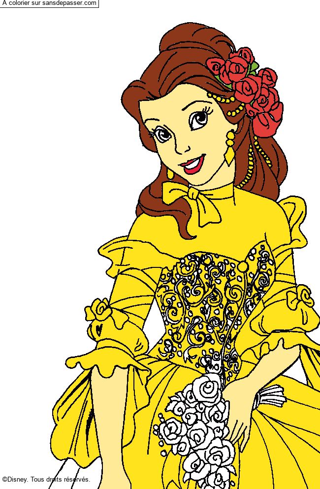 Coloriage Belle dans sa robe &agrave; fleurs par un invité