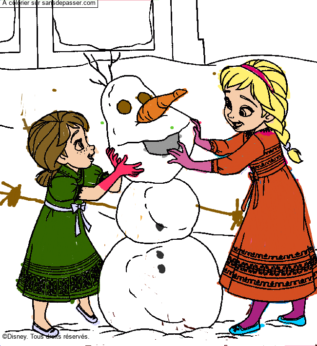 Coloriage Anna et Elsa construisent un bonhomme de neige