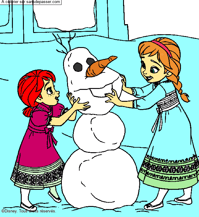 Coloriage Anna et Elsa construisent un bonhomme de neige