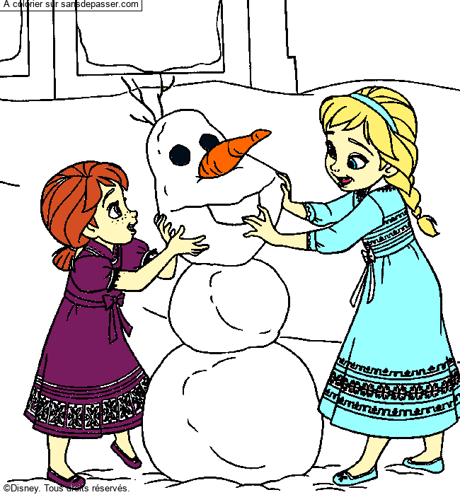 Coloriage Anna et Elsa construisent un bonhomme de neige par Sarah Queen 