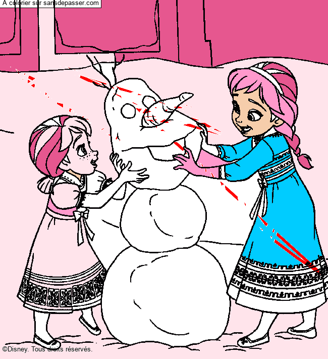 Coloriage Anna et Elsa construisent un bonhomme de neige par un invité